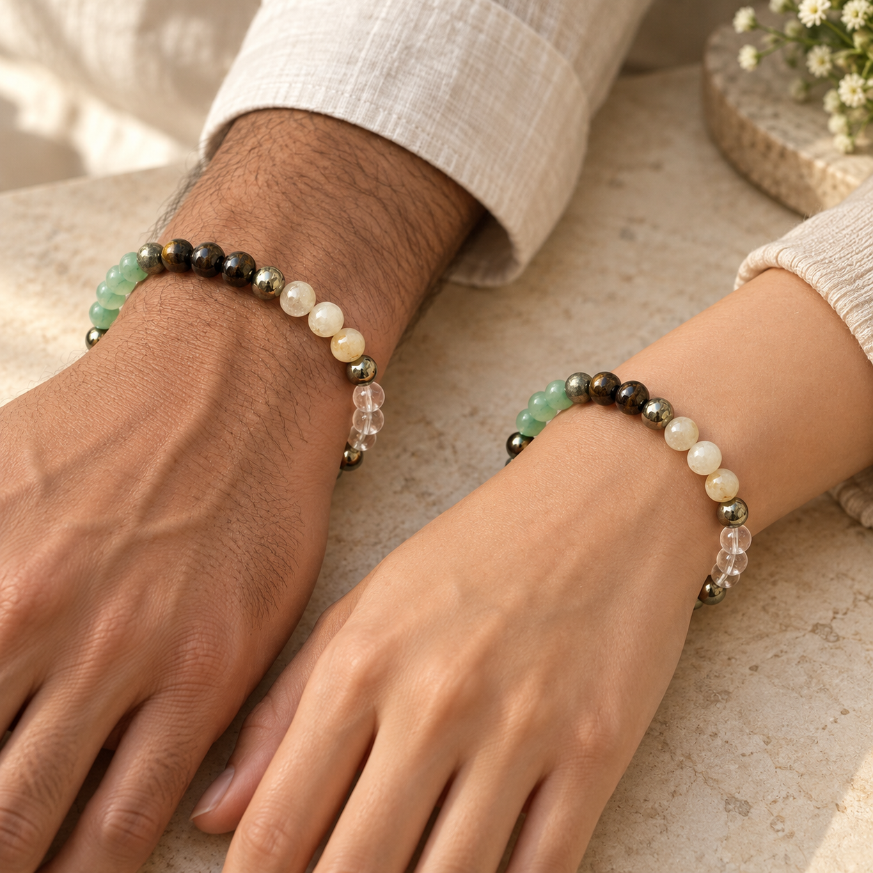 Dhan Yog bracelet worn on wrists
