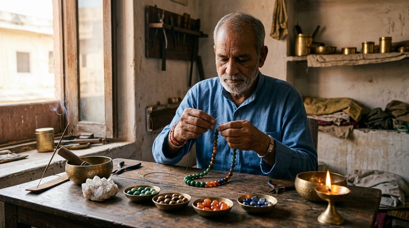 Artisan stringing natural gemstone beads at Aakaaram